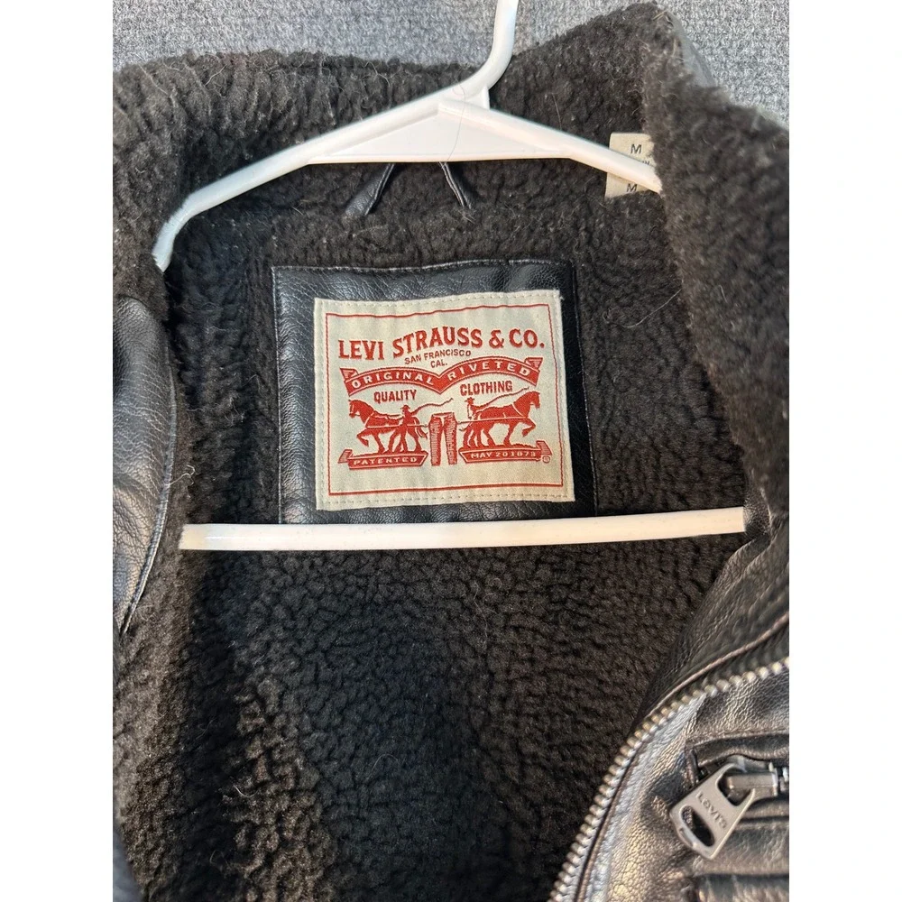 Levis Mens Black Faux Leather Sherpa Lined Bomber Jacket Medium Utility Moto